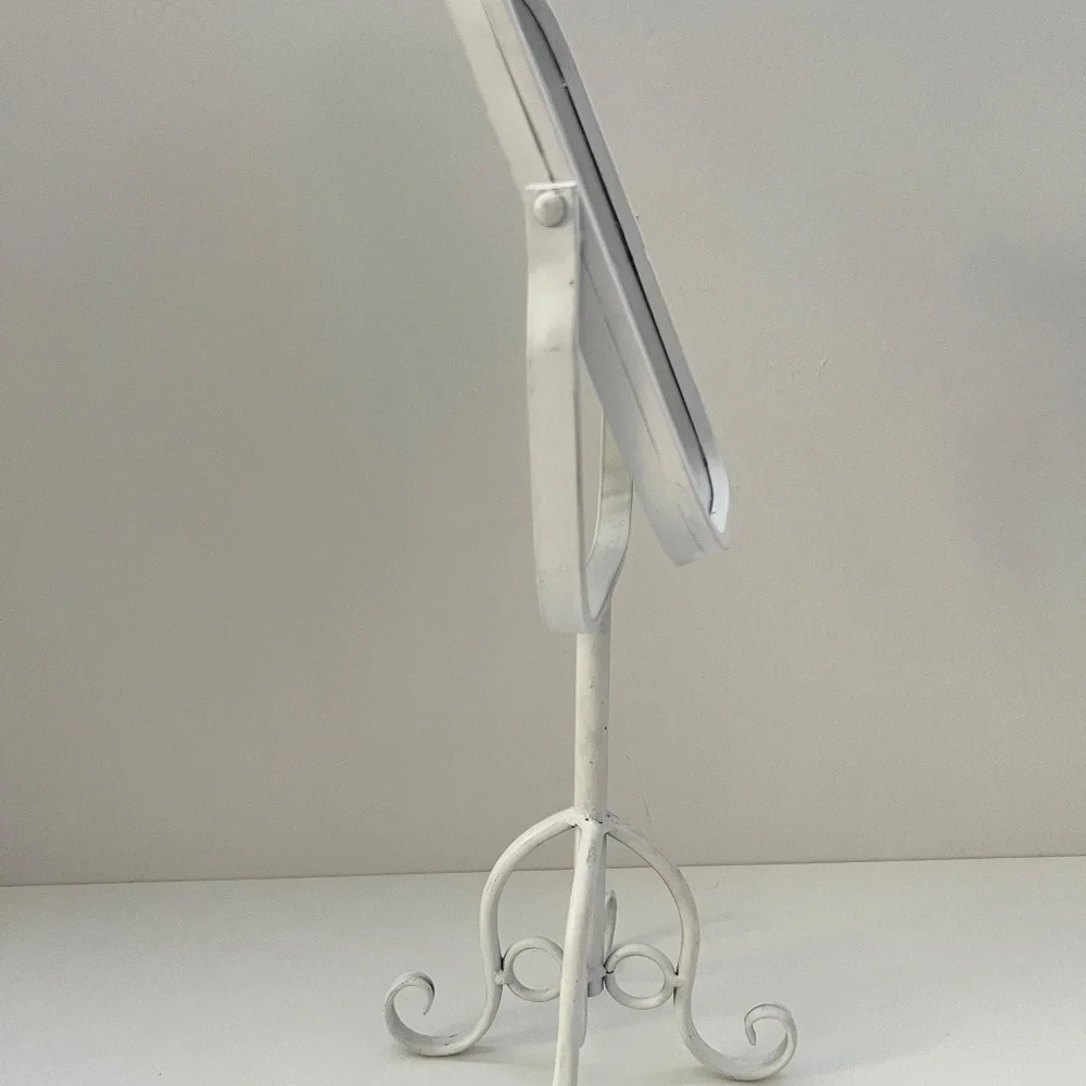 White Metal Tabletop Vanity Mirror With Adjustable Swivel Tilt & Scroll Base